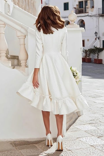 Long Sleeve A Line Ruffled Ivory Midi Engagement Dress